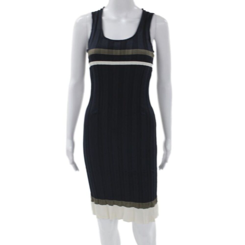 Nina Ricci Women Bodycon Tank Dress Dark Blue Striped Knee Length Size S